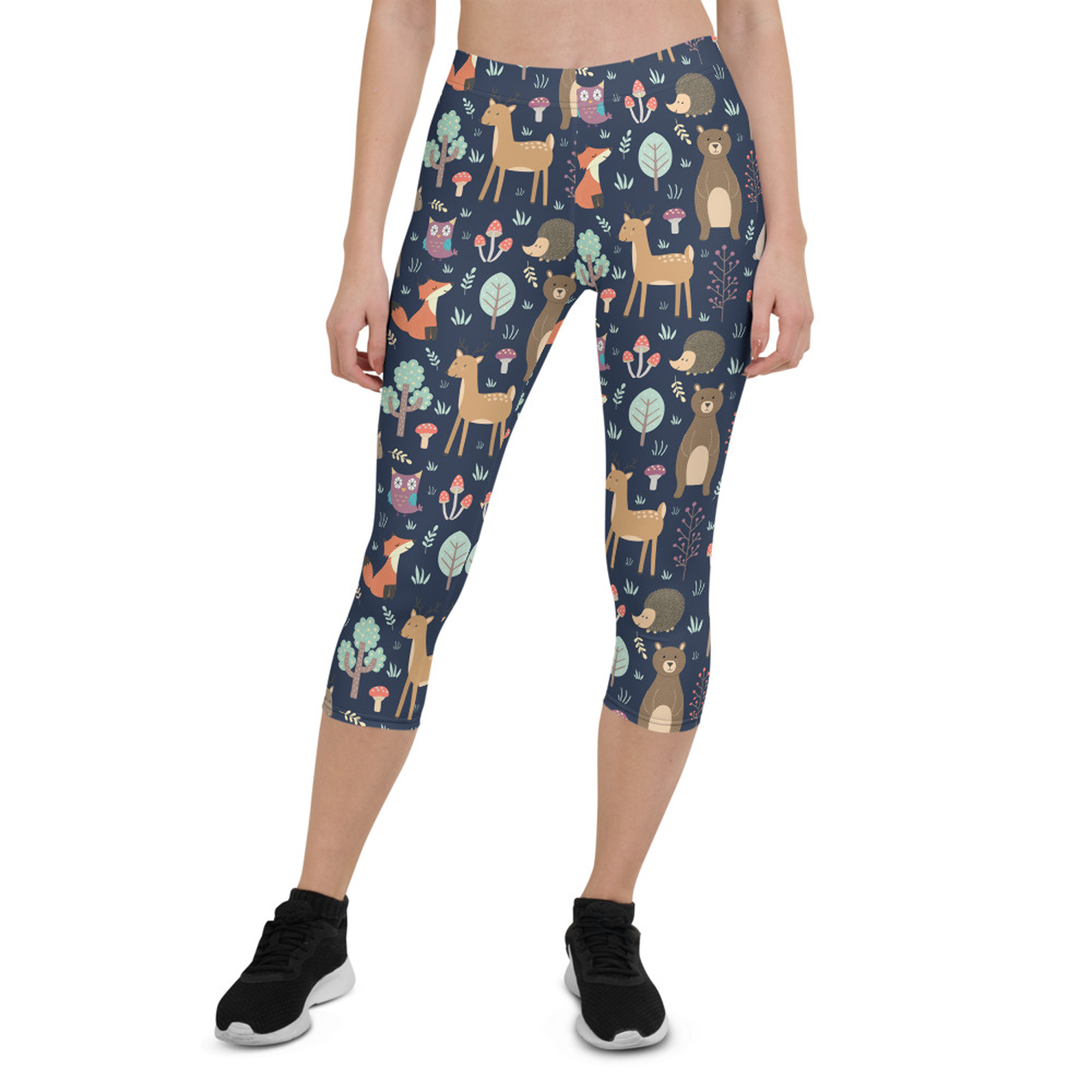 Cute Forest Animals Capri Leggings for Women featuring vibrant animal prints, designed for comfort and performance during workouts.