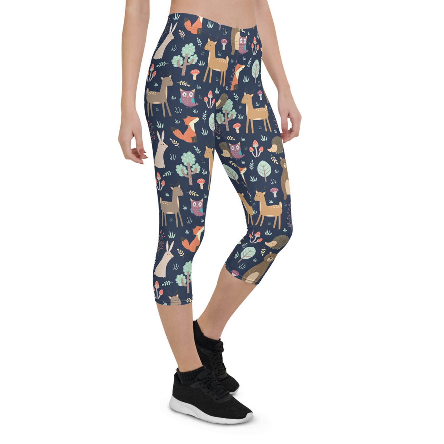 Cute Forest Animals Capri Leggings for Women featuring vibrant animal prints, designed for comfort and performance during workouts.