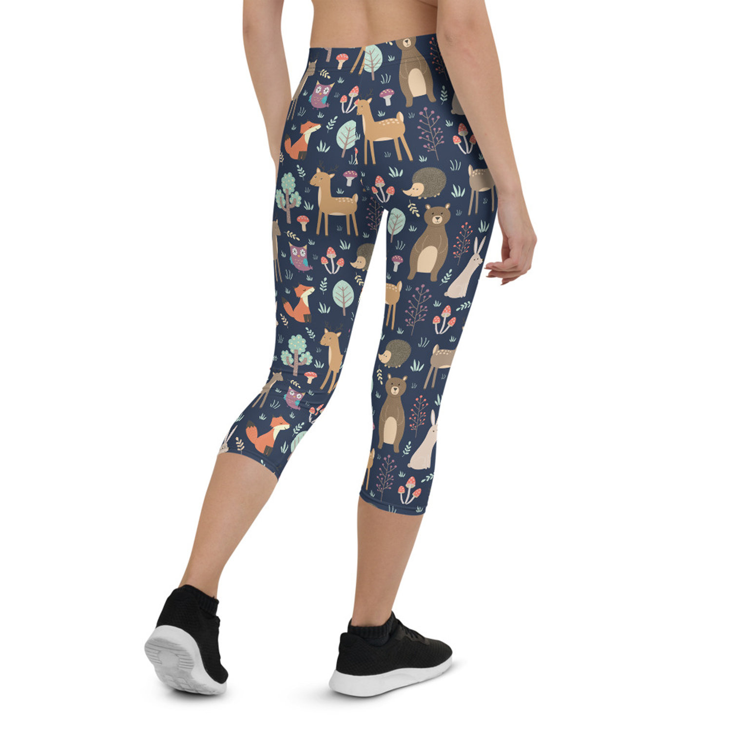 Cute Forest Animals Capri Leggings for Women featuring vibrant animal prints, designed for comfort and performance during workouts.