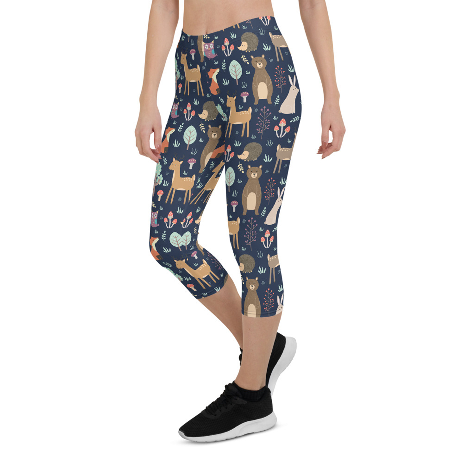 Cute Forest Animals Capri Leggings for Women featuring vibrant animal prints, designed for comfort and performance during workouts.