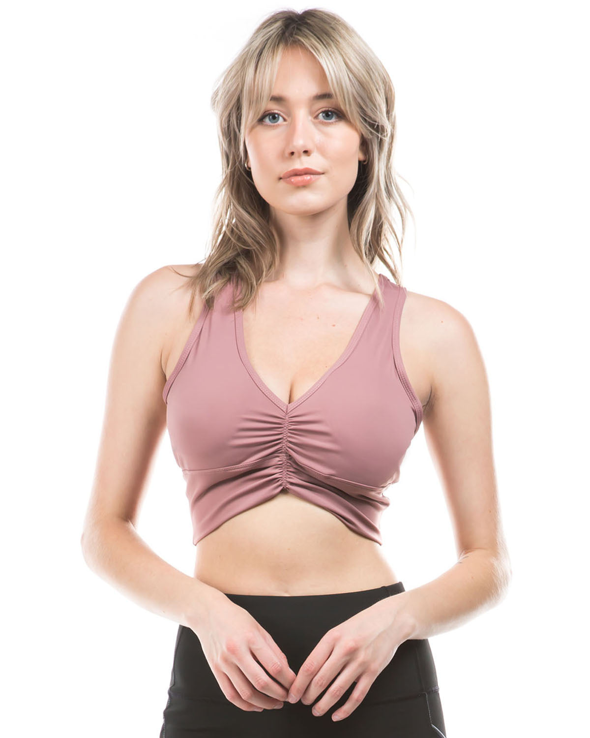 Deep V Drawstring Sports Bra in stylish design, showcasing its deep V neckline and drawstring feature, perfect for yoga and casual wear.