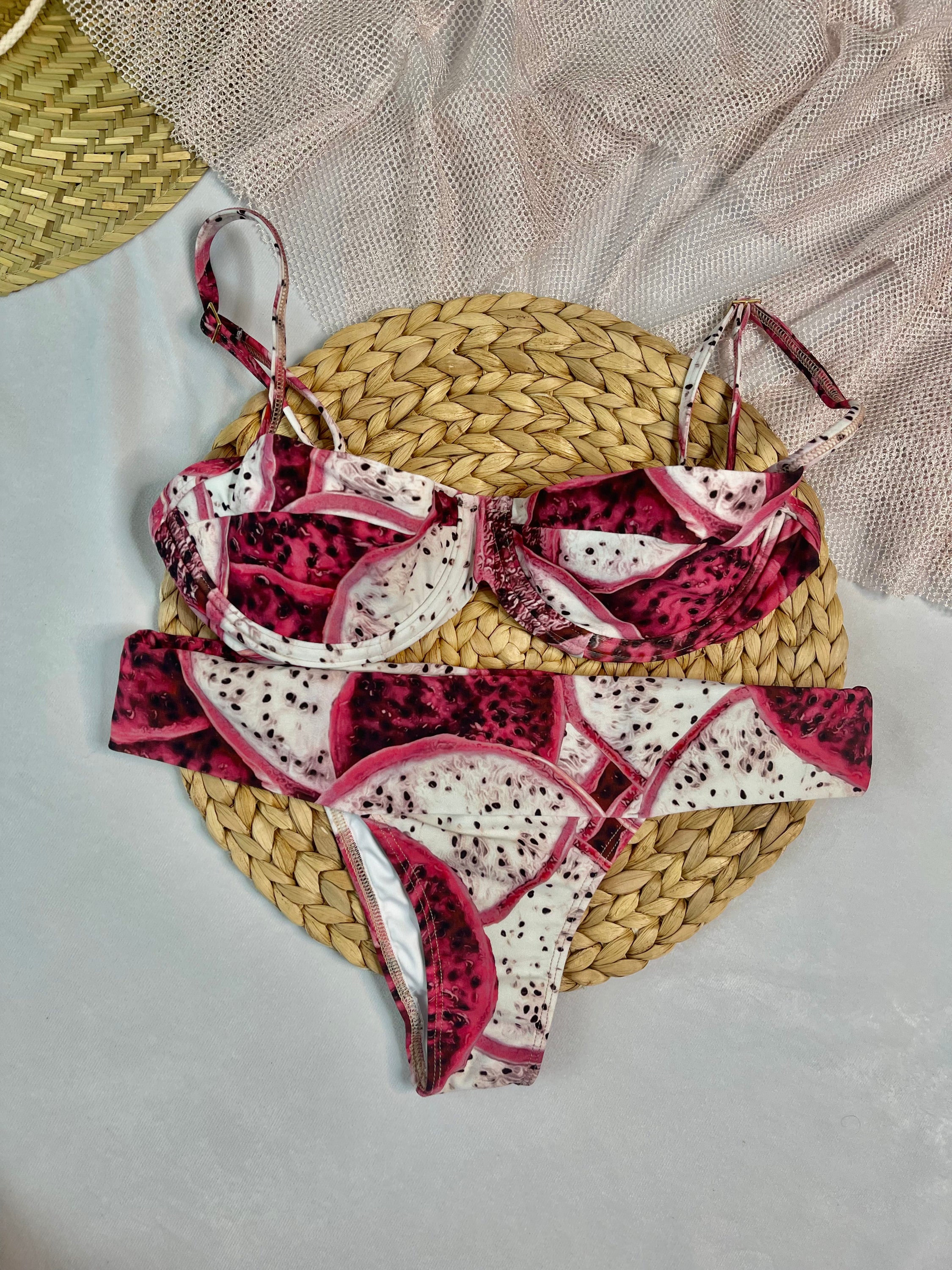 Vibrant pink Dragon Fruit Bikini Set featuring a push-up top and hip hugger bottoms, made from soft velvety ribbed fabric.