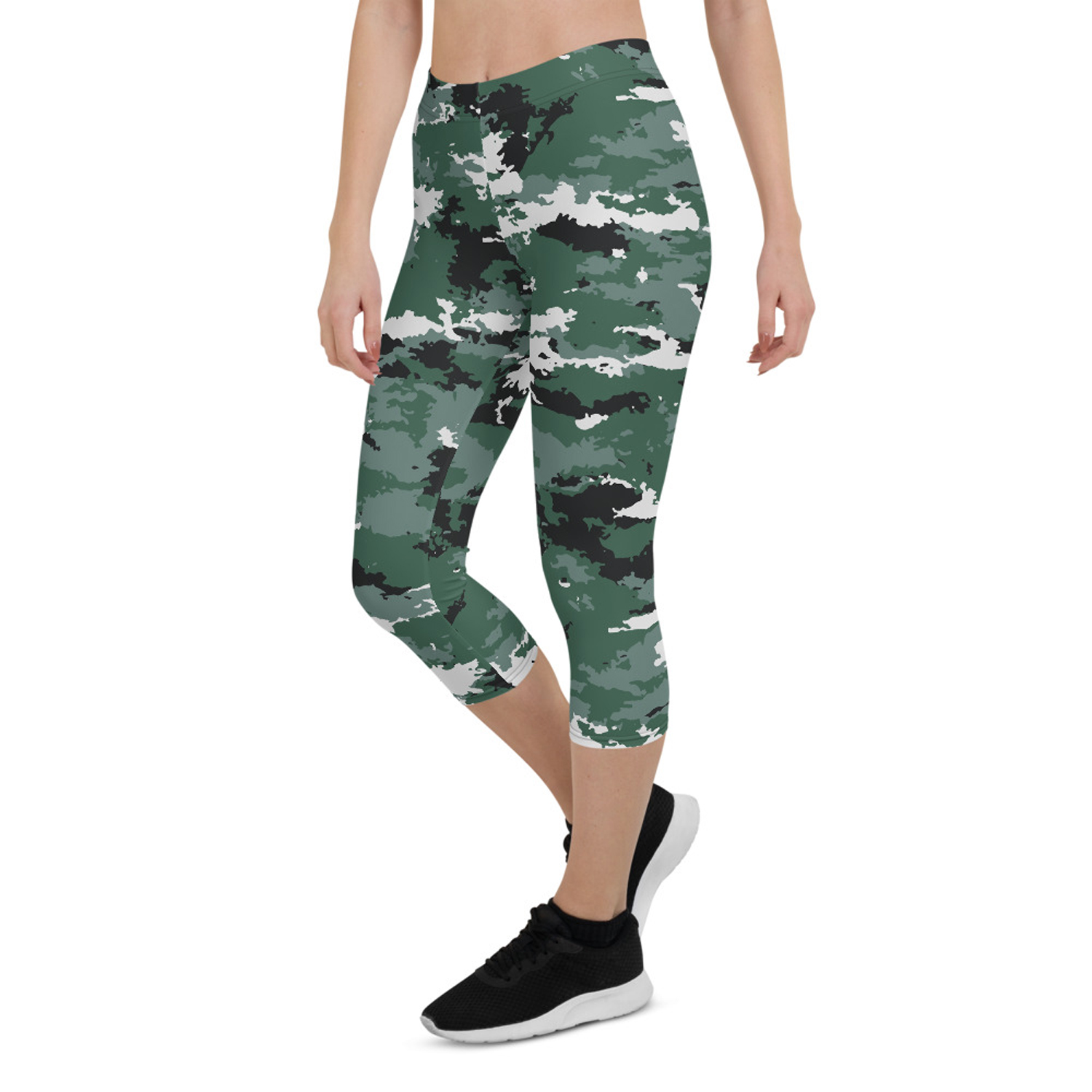 A pair of women's Earth Green Camo Capri Leggings featuring a unique camouflage design, perfect for workouts and casual wear.