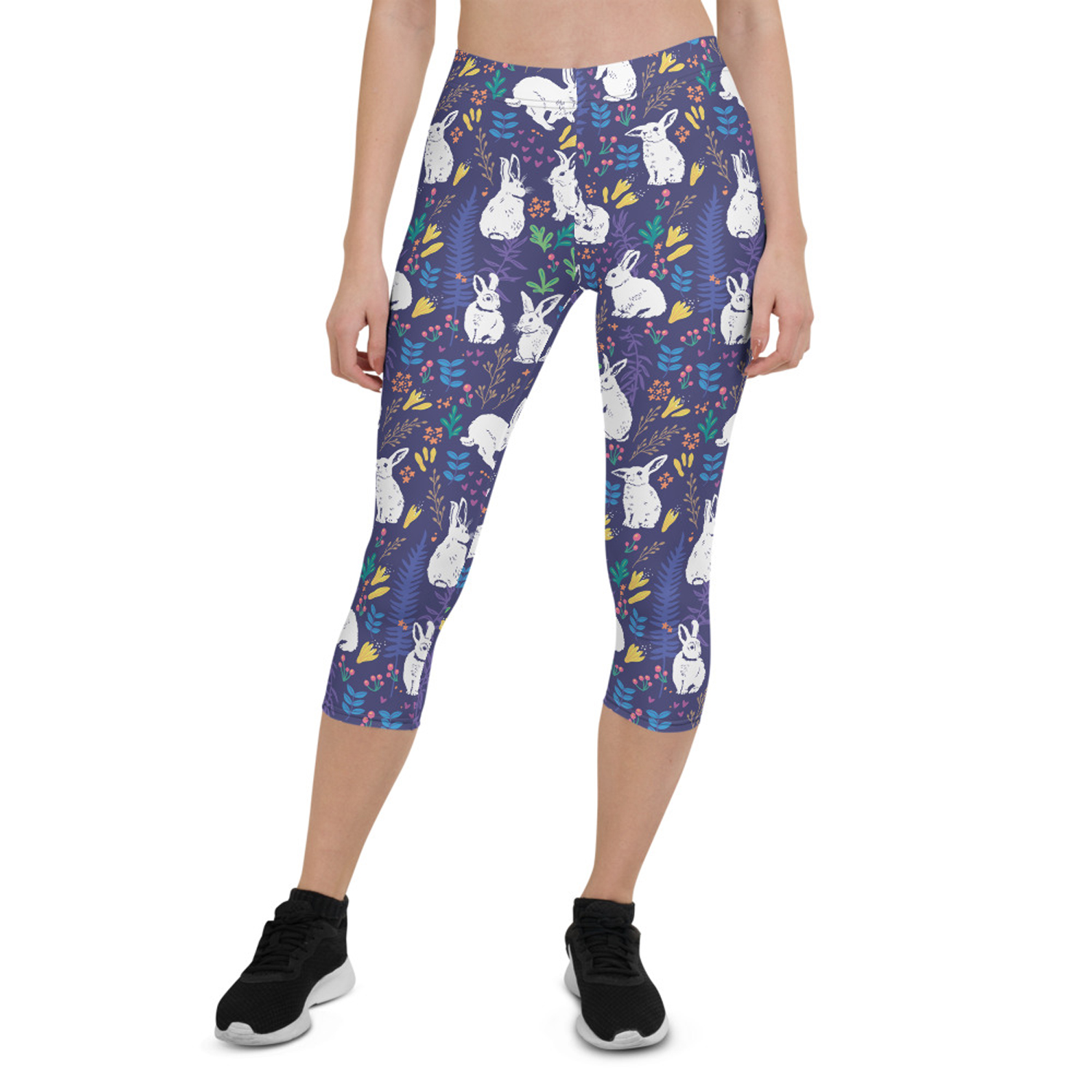 A pair of Easter Bunnies Capri Leggings for Women featuring a colorful bunny design, showcasing the vibrant print and comfortable fit.