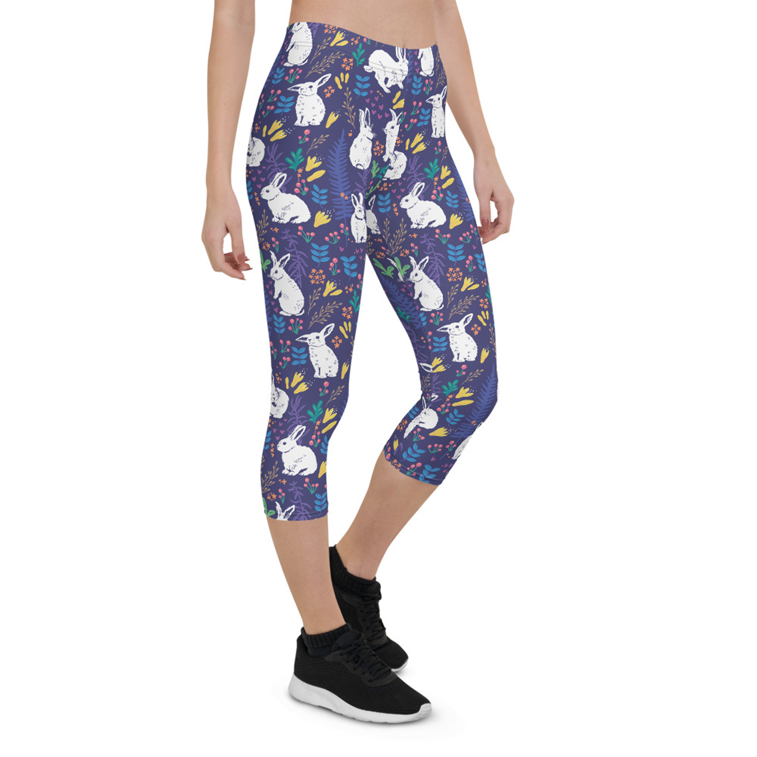 A pair of Easter Bunnies Capri Leggings for Women featuring a colorful bunny design, showcasing the vibrant print and comfortable fit.