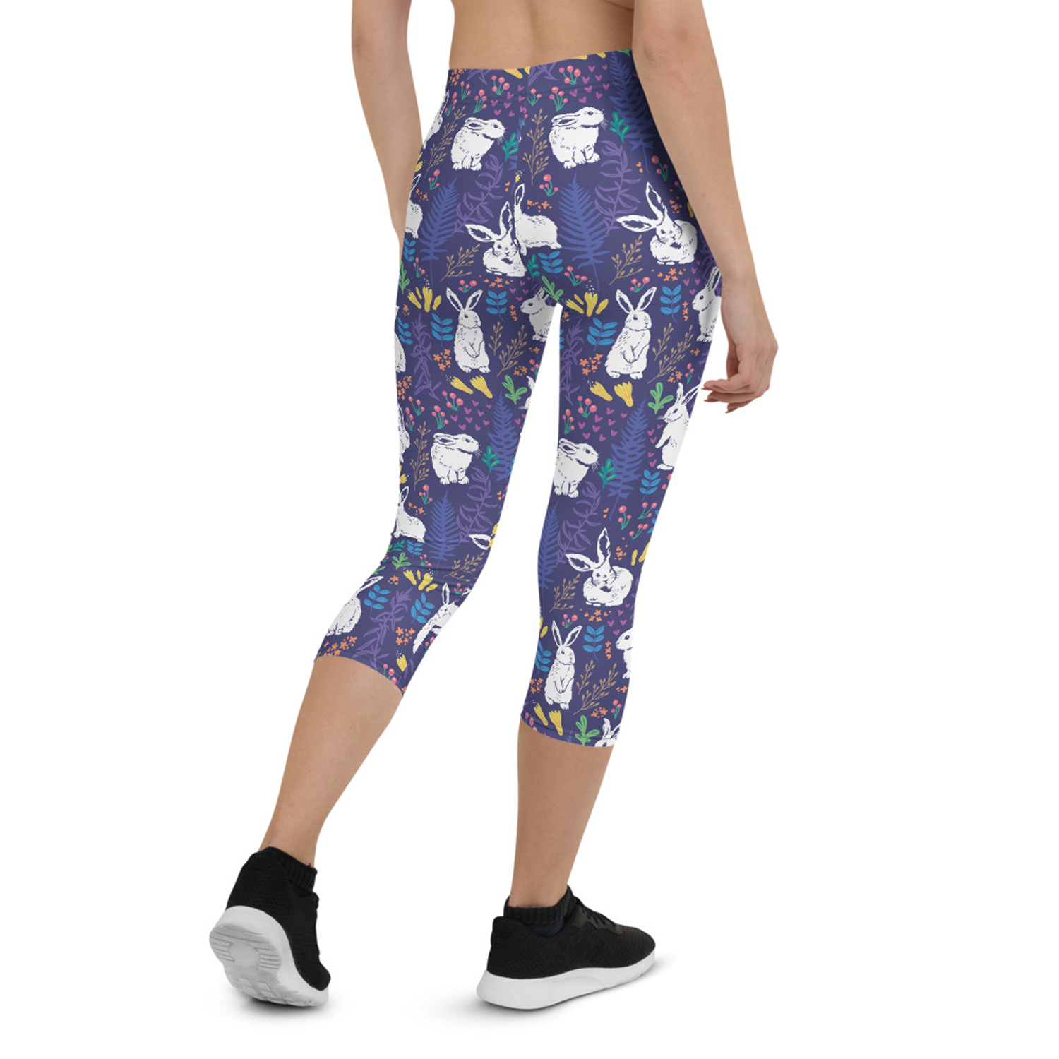 A pair of Easter Bunnies Capri Leggings for Women featuring a colorful bunny design, showcasing the vibrant print and comfortable fit.