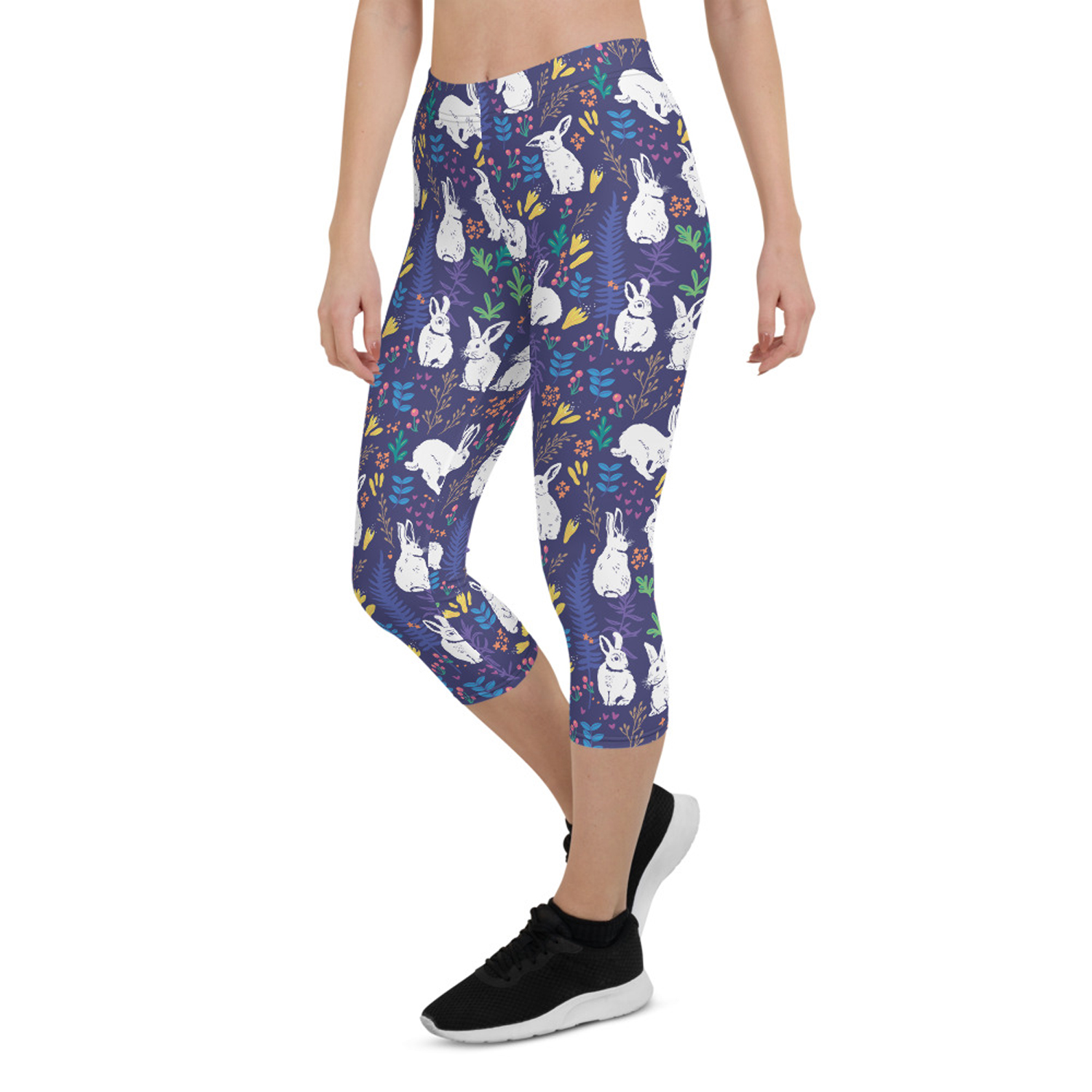 A pair of Easter Bunnies Capri Leggings for Women featuring a colorful bunny design, showcasing the vibrant print and comfortable fit.