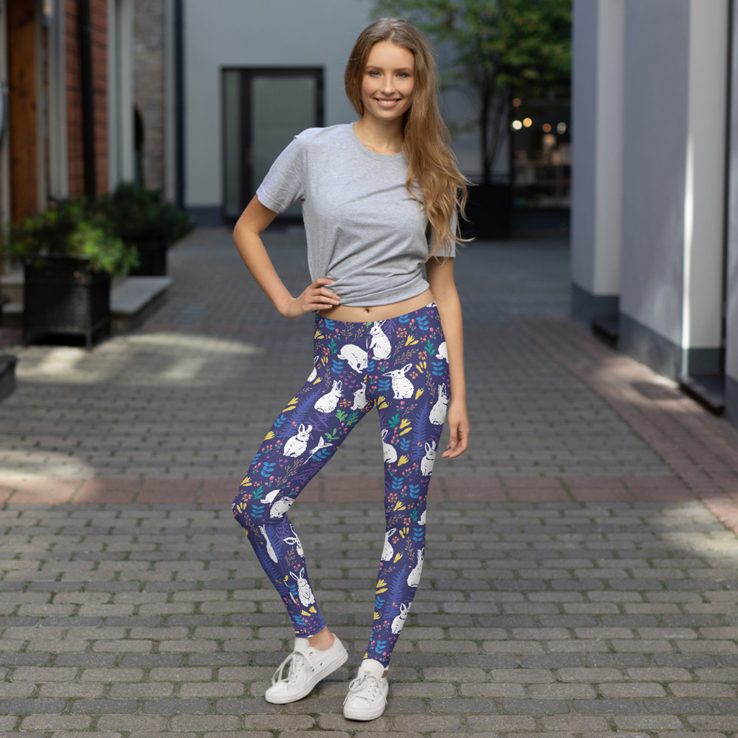 Easter Bunnies Leggings for Women featuring a colorful bunny design, perfect for workouts and casual wear.