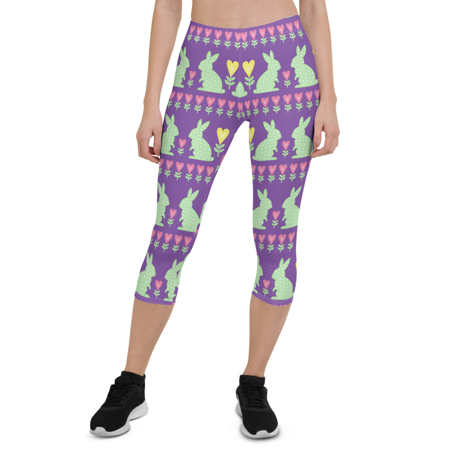 Easter Bunny Capri Leggings for Women featuring a colorful and unique design, perfect for workouts and casual wear.