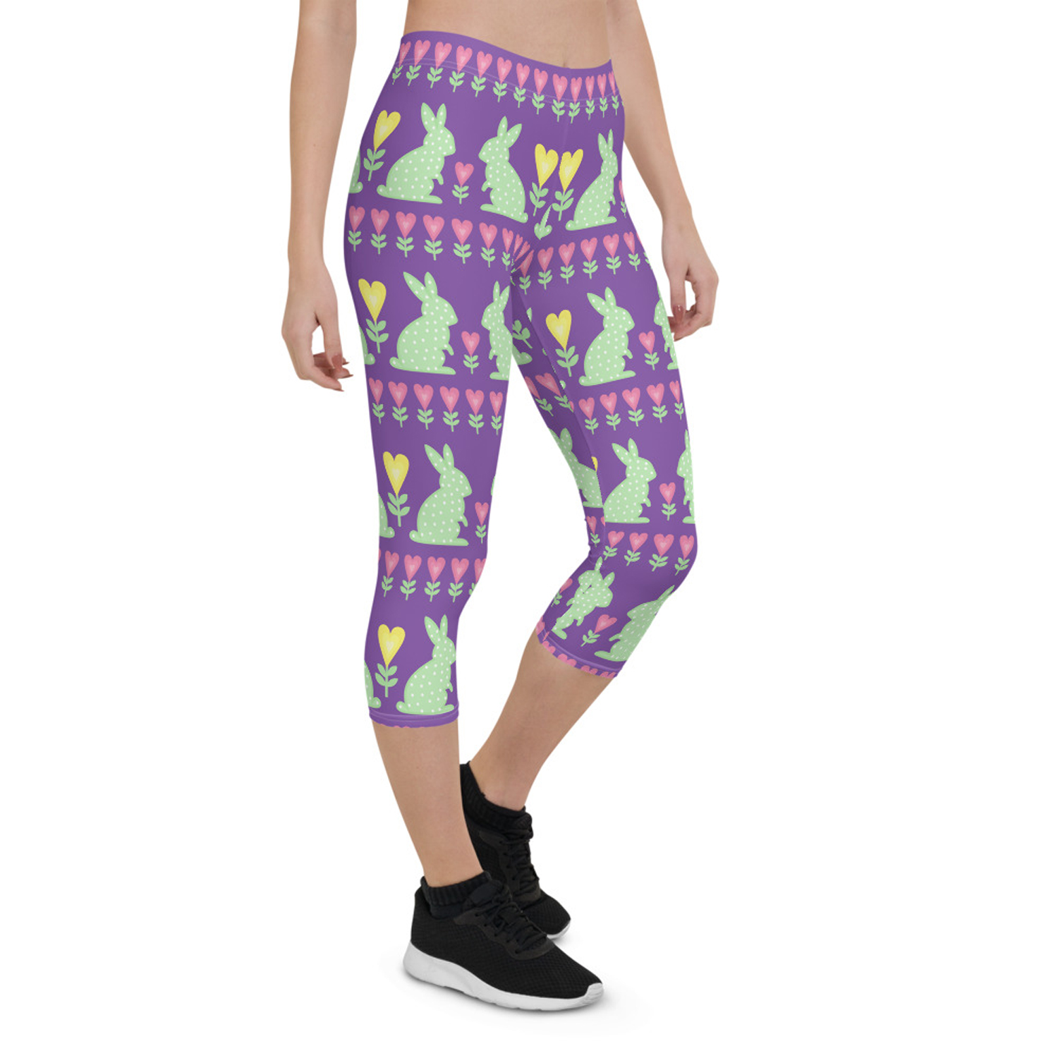 Easter Bunny Capri Leggings for Women featuring a colorful and unique design, perfect for workouts and casual wear.