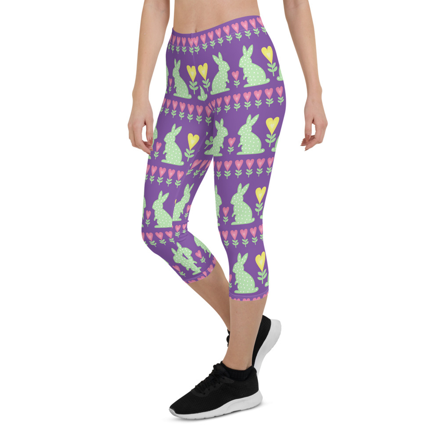 Easter Bunny Capri Leggings for Women featuring a colorful and unique design, perfect for workouts and casual wear.