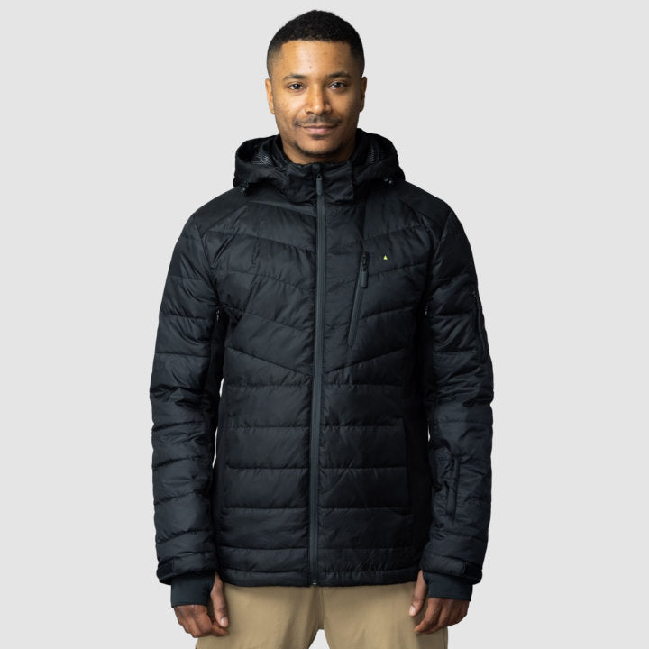 Men's EcoDown Jacket in black, made from recycled materials, featuring a lightweight design and built-in sleeve gloves.