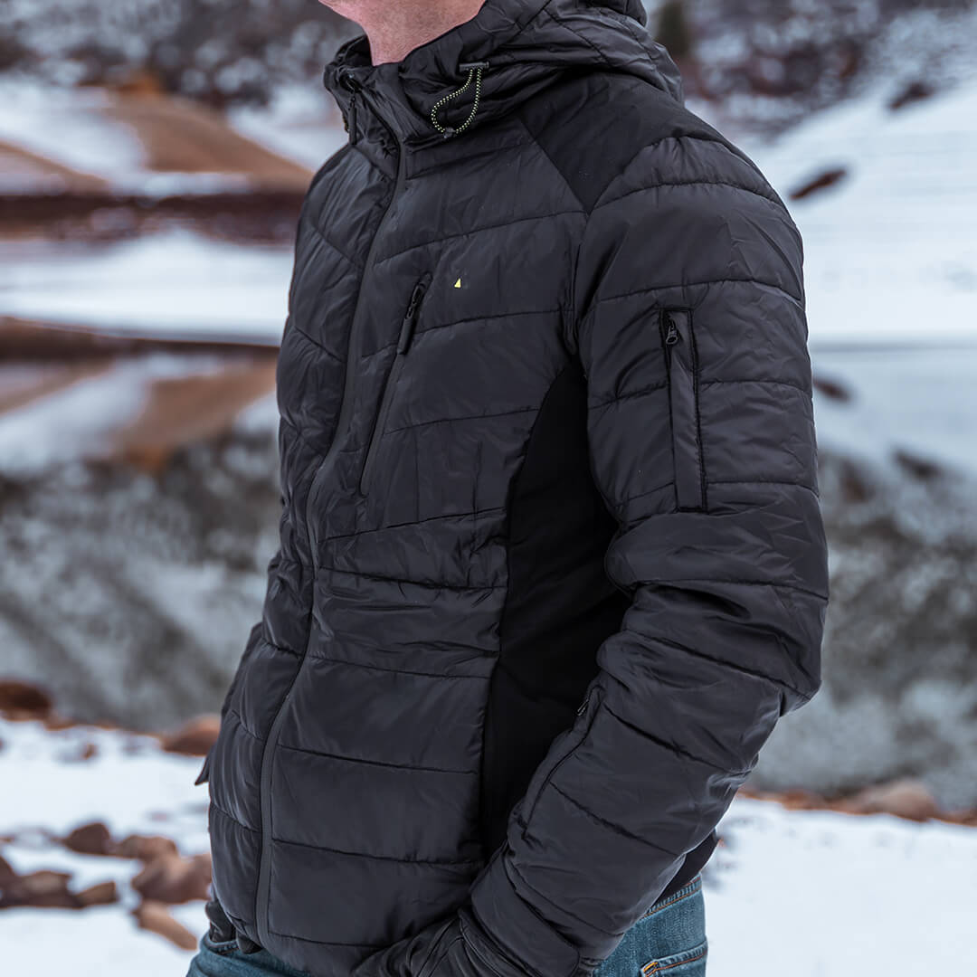 Men's EcoDown Jacket in black, made from recycled materials, featuring a lightweight design and built-in sleeve gloves.