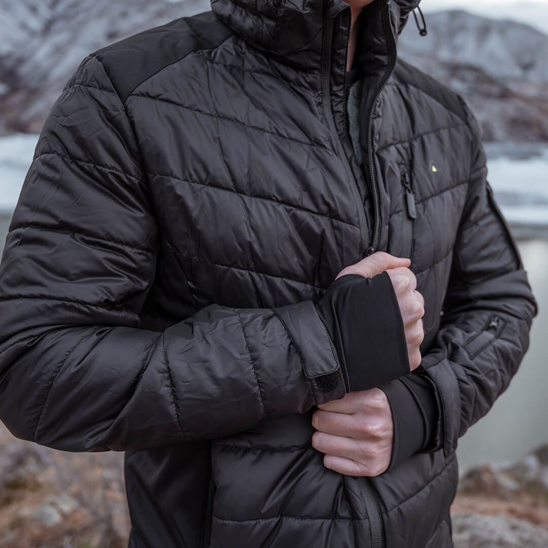 Men's EcoDown Jacket in black, made from recycled materials, featuring a lightweight design and built-in sleeve gloves.