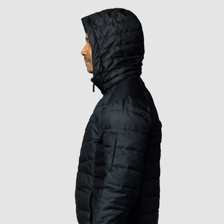 Men's EcoDown Jacket in black, made from recycled materials, featuring a lightweight design and built-in sleeve gloves.