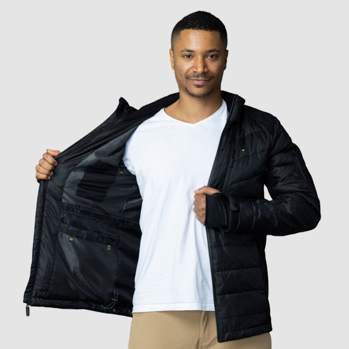 Men's EcoDown Jacket in black, made from recycled materials, featuring a lightweight design and built-in sleeve gloves.