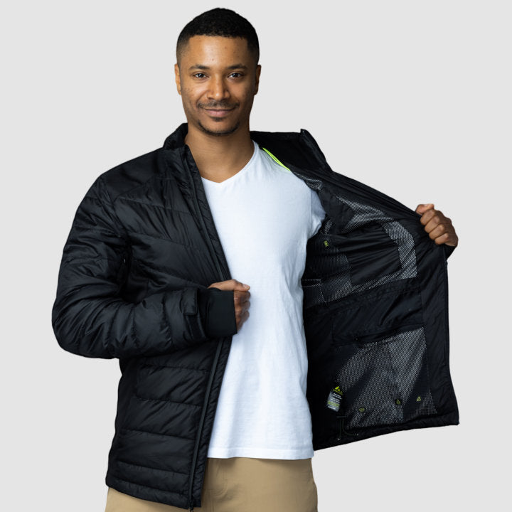 Men's EcoDown Jacket in black, made from recycled materials, featuring a lightweight design and built-in sleeve gloves.