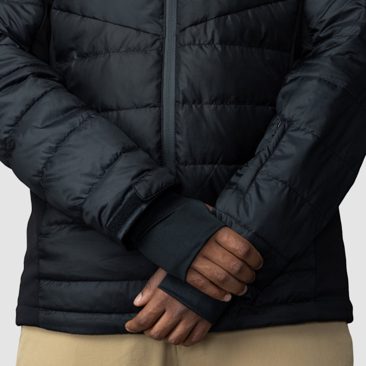 Men's EcoDown Jacket in black, made from recycled materials, featuring a lightweight design and built-in sleeve gloves.