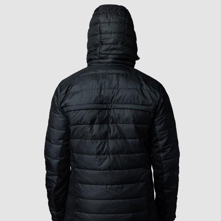 Men's EcoDown Jacket in black, made from recycled materials, featuring a lightweight design and built-in sleeve gloves.