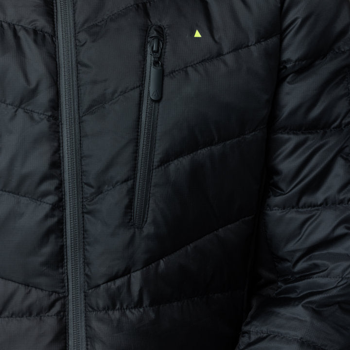 Men's EcoDown Jacket in black, made from recycled materials, featuring a lightweight design and built-in sleeve gloves.