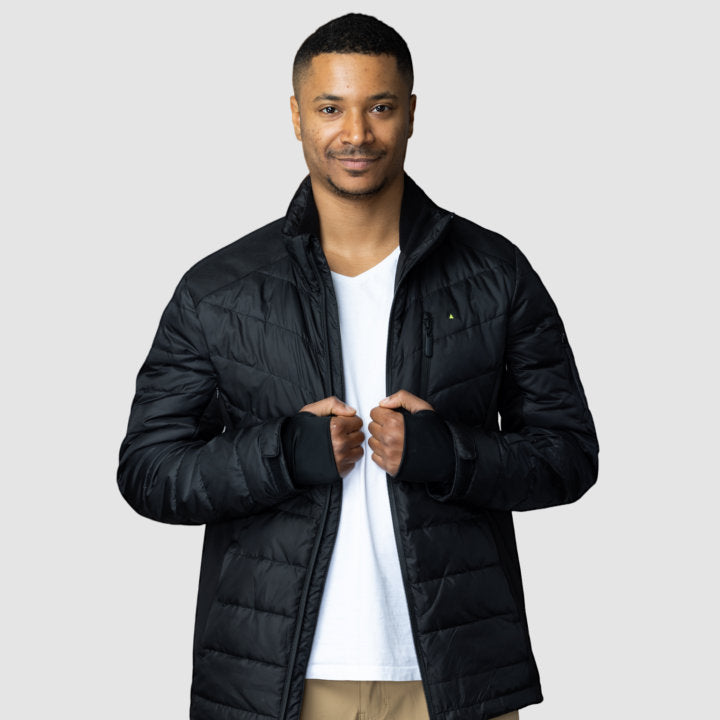 Men's EcoDown Jacket in black, made from recycled materials, featuring a lightweight design and built-in sleeve gloves.