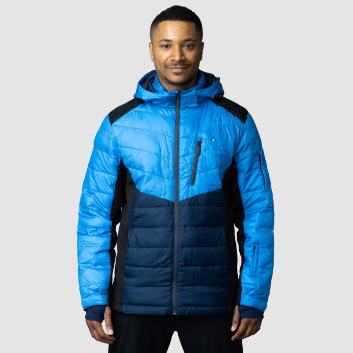 Men's EcoDown Jacket in blue, made from recycled materials, featuring a lightweight design and built-in sleeve gloves.