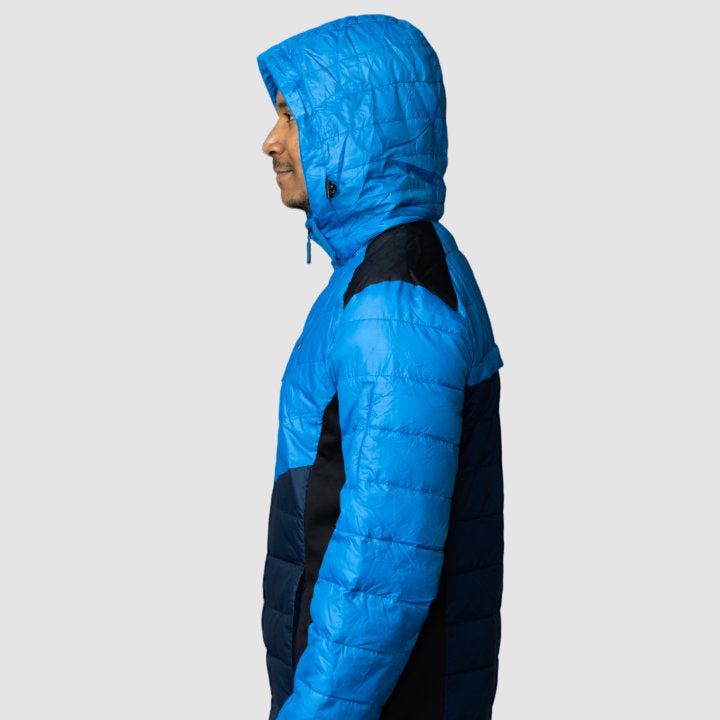 Men's EcoDown Jacket in blue, made from recycled materials, featuring a lightweight design and built-in sleeve gloves.