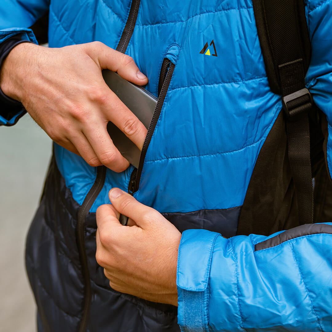 Men's EcoDown Jacket in blue, made from recycled materials, featuring a lightweight design and built-in sleeve gloves.