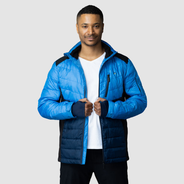 Men's EcoDown Jacket in blue, made from recycled materials, featuring a lightweight design and built-in sleeve gloves.