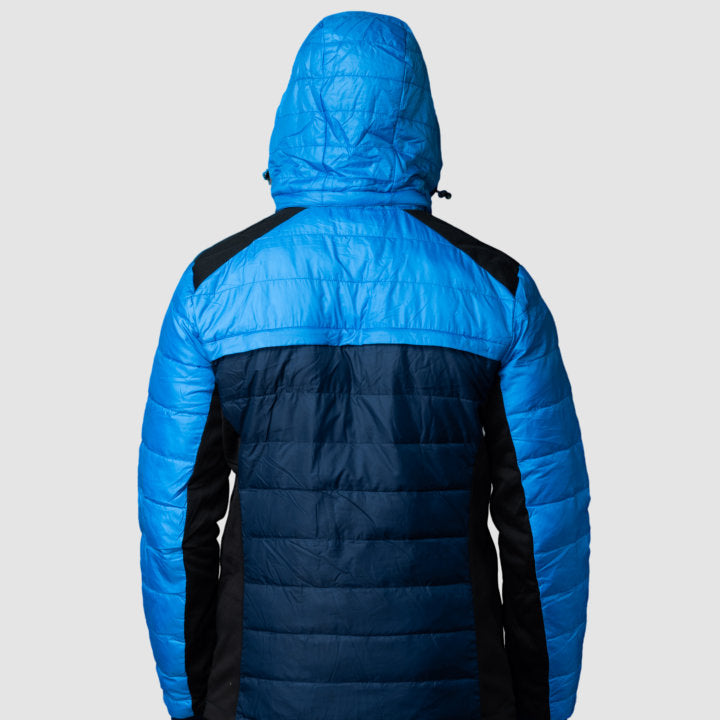 Men's EcoDown Jacket in blue, made from recycled materials, featuring a lightweight design and built-in sleeve gloves.