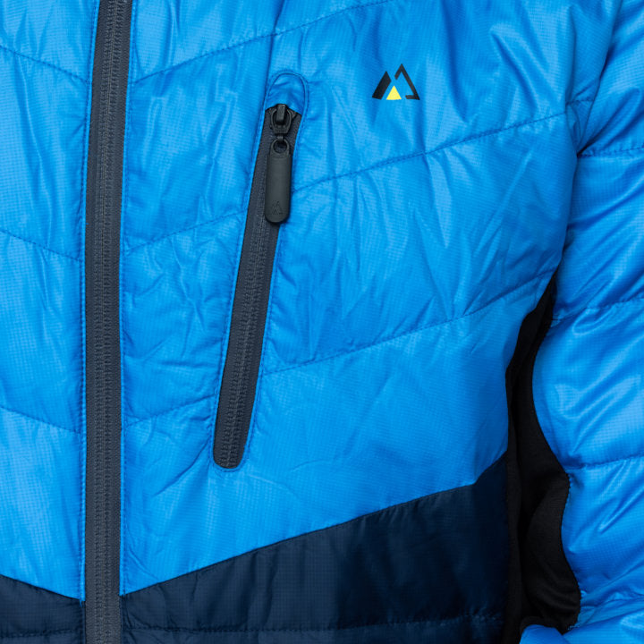 Men's EcoDown Jacket in blue, made from recycled materials, featuring a lightweight design and built-in sleeve gloves.