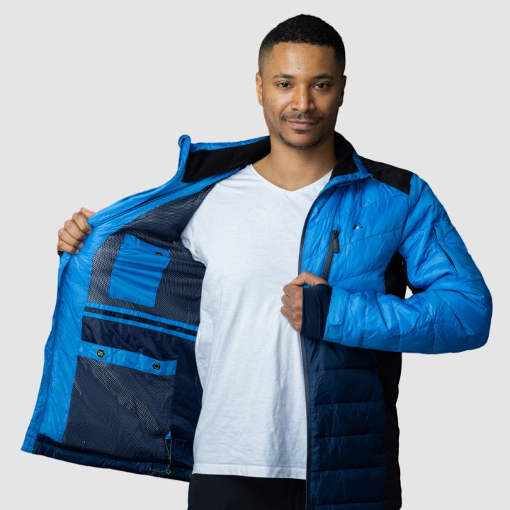 Men's EcoDown Jacket in blue, made from recycled materials, featuring a lightweight design and built-in sleeve gloves.