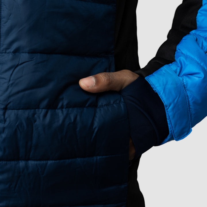 Men's EcoDown Jacket in blue, made from recycled materials, featuring a lightweight design and built-in sleeve gloves.