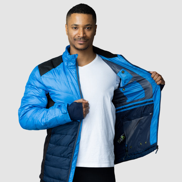 Men's EcoDown Jacket in blue, made from recycled materials, featuring a lightweight design and built-in sleeve gloves.