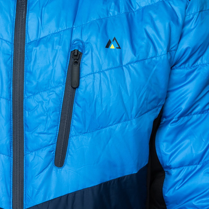 Men's EcoDown Jacket in blue, made from recycled materials, featuring a lightweight design and built-in sleeve gloves.