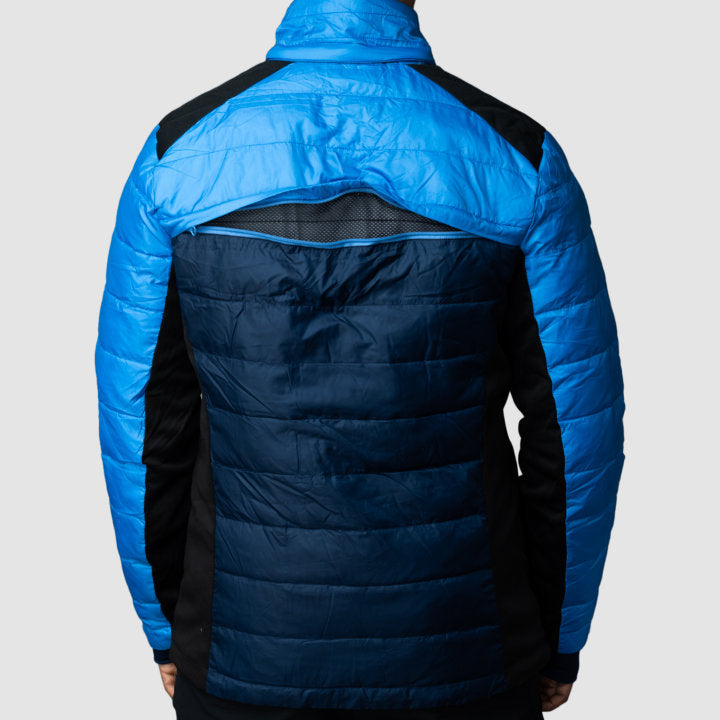 Men's EcoDown Jacket in blue, made from recycled materials, featuring a lightweight design and built-in sleeve gloves.