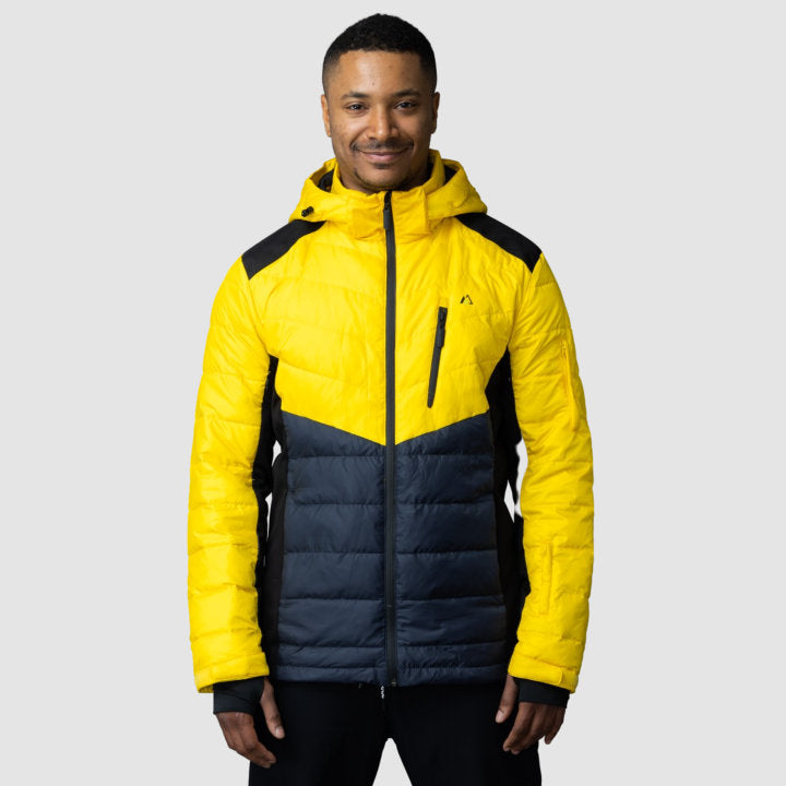 Men's EcoDown Jacket in yellow, made from recycled materials, featuring elastic hems and built-in sleeve gloves.