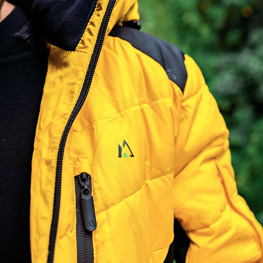 Men's EcoDown Jacket in yellow, made from recycled materials, featuring elastic hems and built-in sleeve gloves.