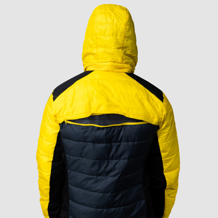 Men's EcoDown Jacket in yellow, made from recycled materials, featuring elastic hems and built-in sleeve gloves.