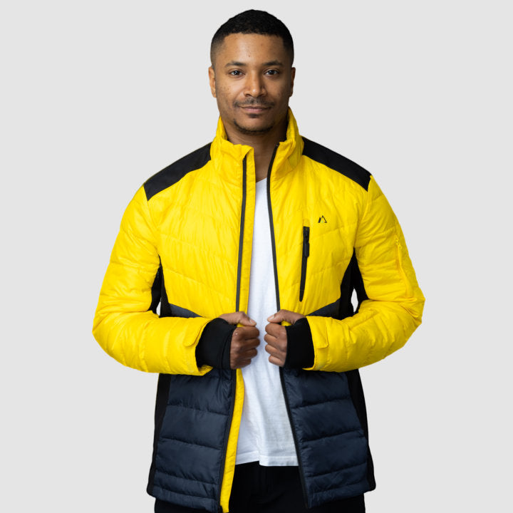 Men's EcoDown Jacket in yellow, made from recycled materials, featuring elastic hems and built-in sleeve gloves.