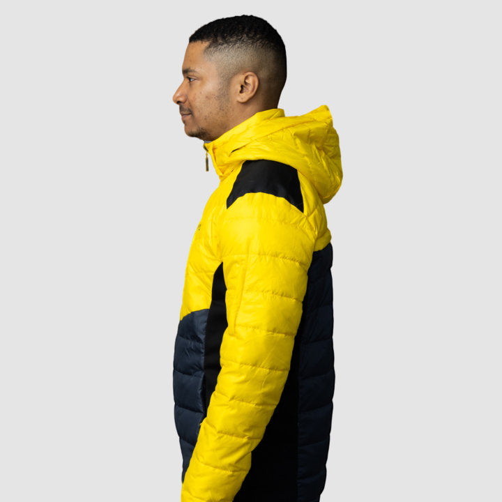 Men's EcoDown Jacket in yellow, made from recycled materials, featuring elastic hems and built-in sleeve gloves.