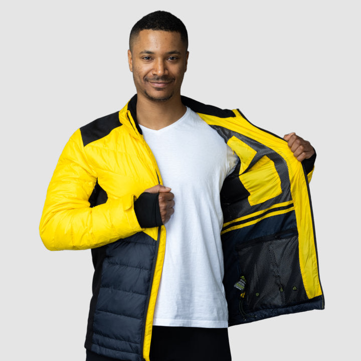 Men's EcoDown Jacket in yellow, made from recycled materials, featuring elastic hems and built-in sleeve gloves.