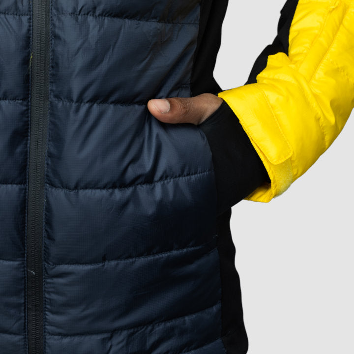 Men's EcoDown Jacket in yellow, made from recycled materials, featuring elastic hems and built-in sleeve gloves.