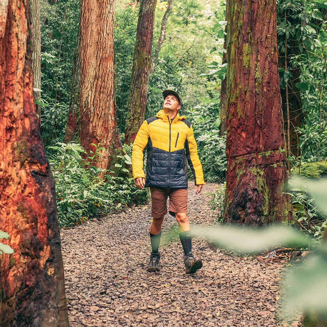 Men's EcoDown Jacket in yellow, made from recycled materials, featuring elastic hems and built-in sleeve gloves.