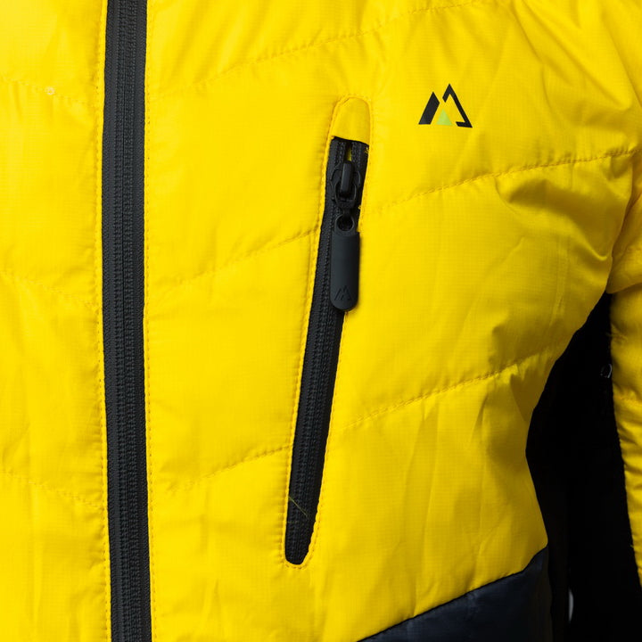 Men's EcoDown Jacket in yellow, made from recycled materials, featuring elastic hems and built-in sleeve gloves.