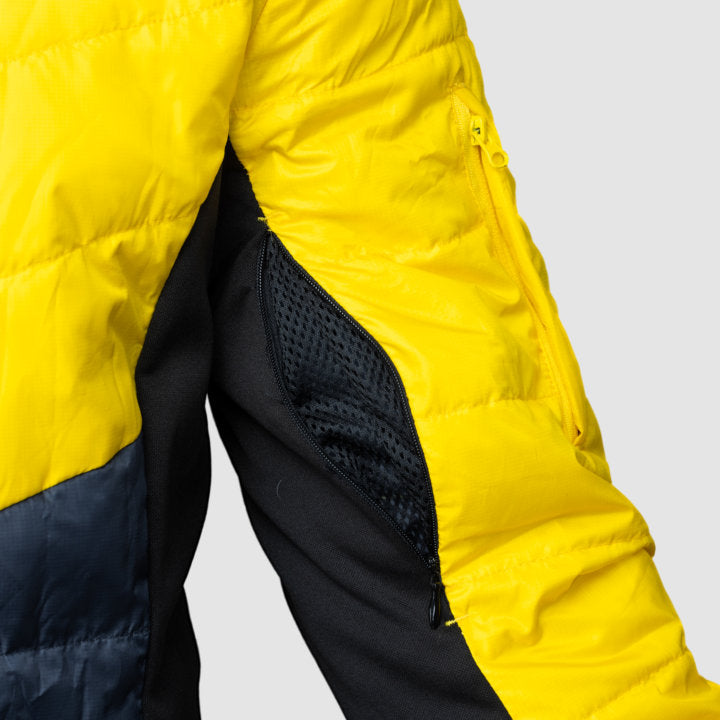 Men's EcoDown Jacket in yellow, made from recycled materials, featuring elastic hems and built-in sleeve gloves.