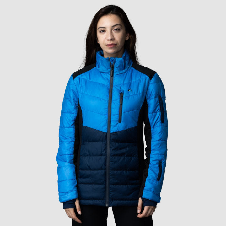 EcoDown Jacket for women in blue, featuring a lightweight design and built-in sleeve gloves for added warmth.