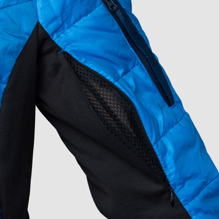 EcoDown Jacket for women in blue, featuring a lightweight design and built-in sleeve gloves for added warmth.