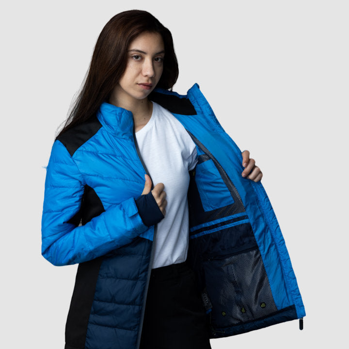 EcoDown Jacket for women in blue, featuring a lightweight design and built-in sleeve gloves for added warmth.