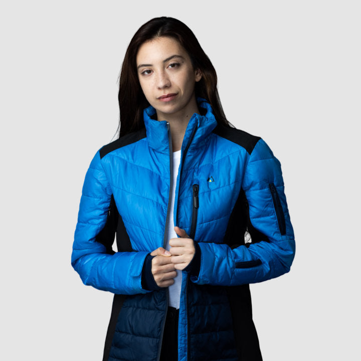 EcoDown Jacket for women in blue, featuring a lightweight design and built-in sleeve gloves for added warmth.